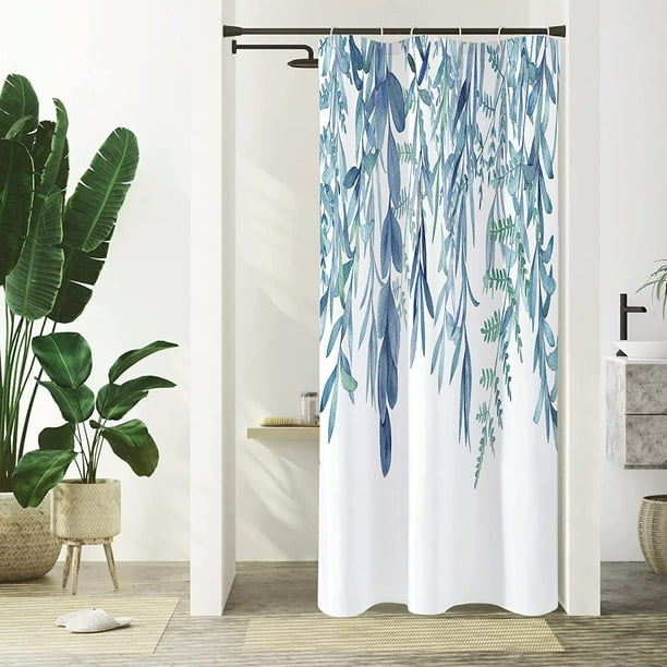 Stall Shower Curtain 36 x 72, Small Half Narrow Blue Shower Curtain, Spring Eucalyptus Plant