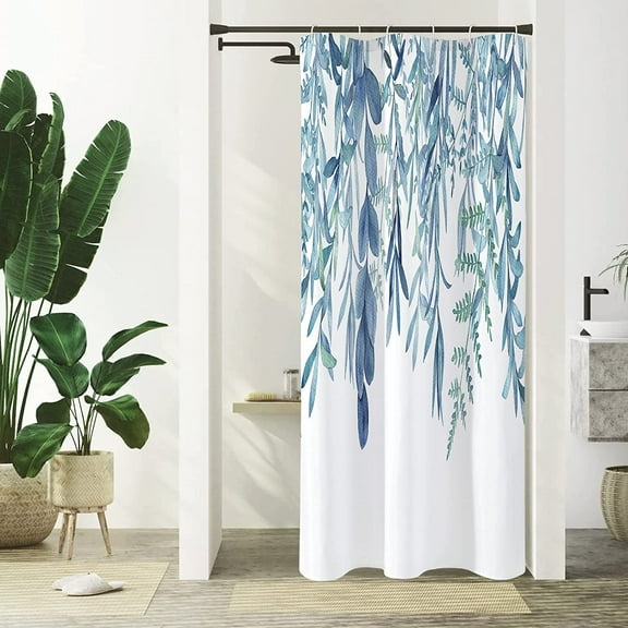 Stall Shower Curtain 36 x 72, Small Half Narrow Blue Shower Curtain, Spring Eucalyptus Plant Leaves Fabric Shower Curtain, Watercolor Floral Botanical Nature Aesthetic Shower Curtain