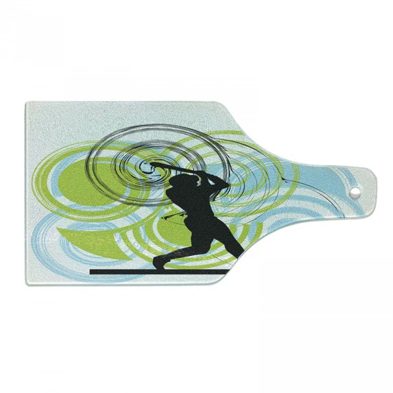 Baseball Cutting Board, Baseball Player with Circles on His Bat Wild Pitch Fast Win Do It, Decorative Tempered Glass Cutting and Serving Board, Wine Bottle Shape, Green Blue Black, by Ambesonne