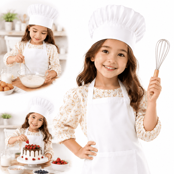 Ustris Kids Chef Hat And Apron Set For Cooking Baking Painting, 24.8in x17.7 in Adjustable Kids Aprons And Chef Hats Set, White