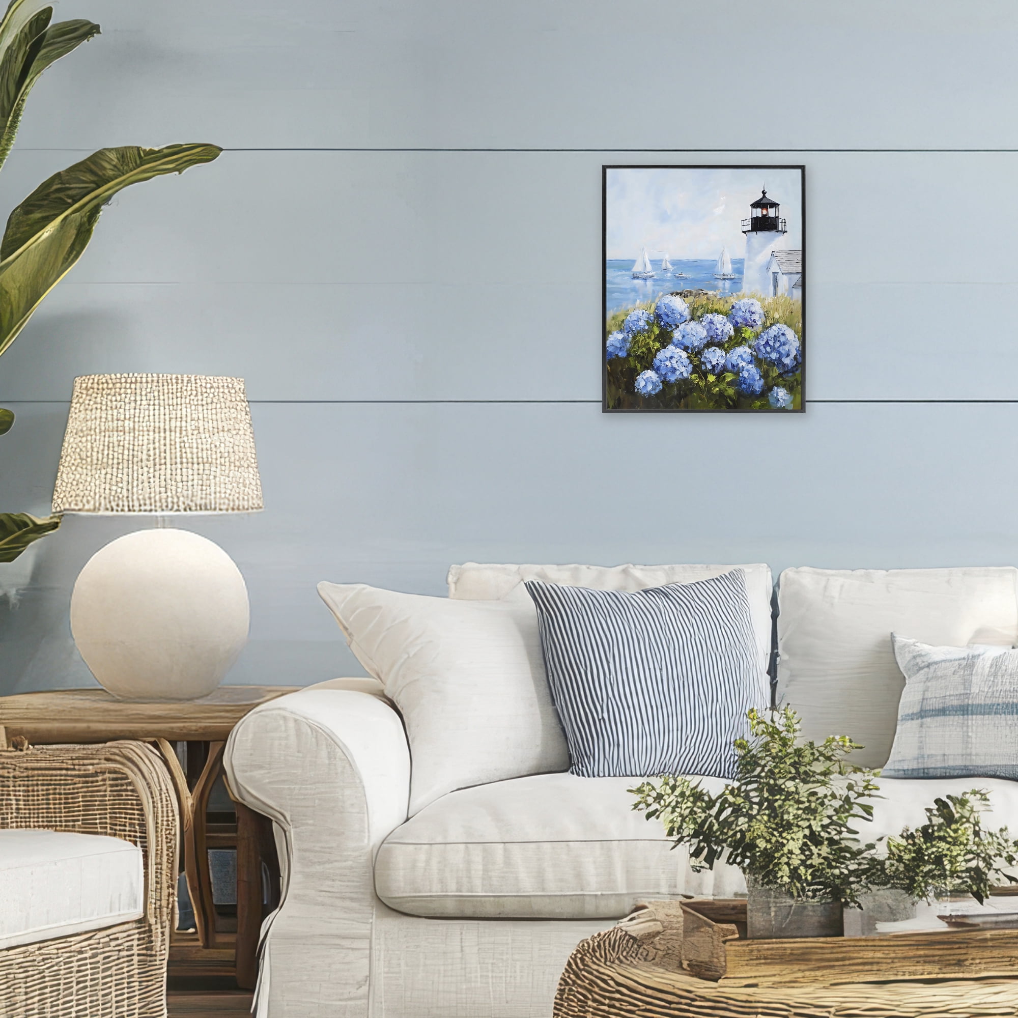 Stupell Industries Lighthouse Surrounded by Hydrangeas Black Framed Giclee Art, design by Arlington Prints