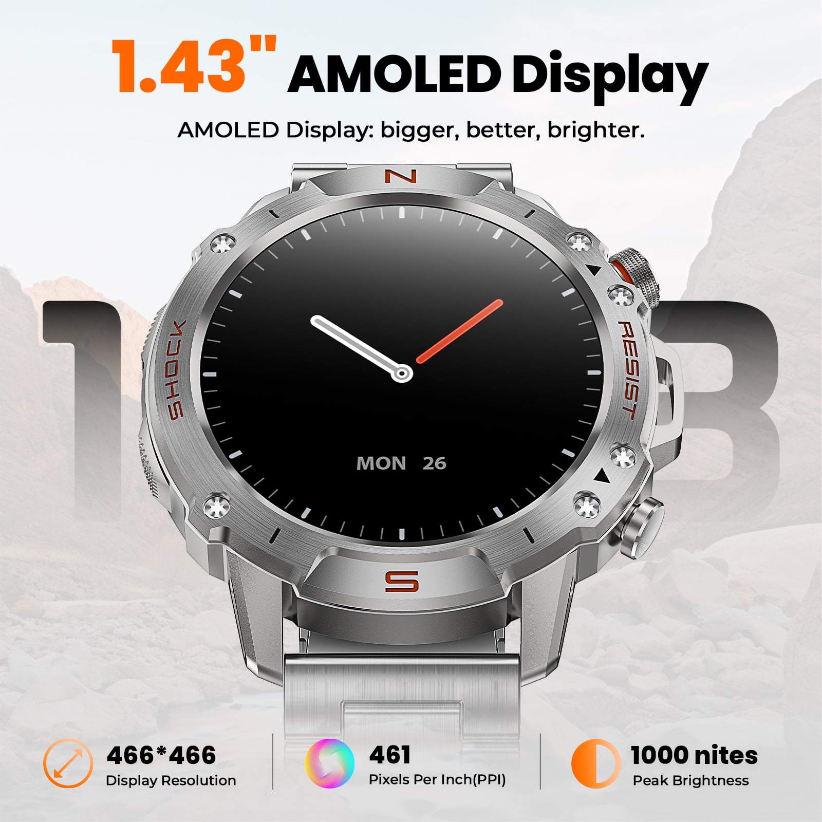 WalkerFit Smart Watch for Men, 1.43" AMOLED, 5ATM Waterproof, Bluetooth Call, Long Battery