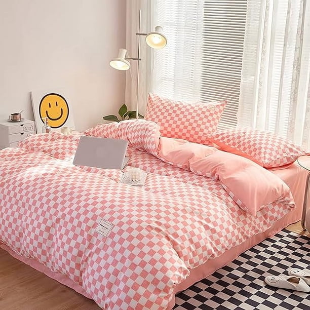 Juego de cama de cuadros rosa pastel morado