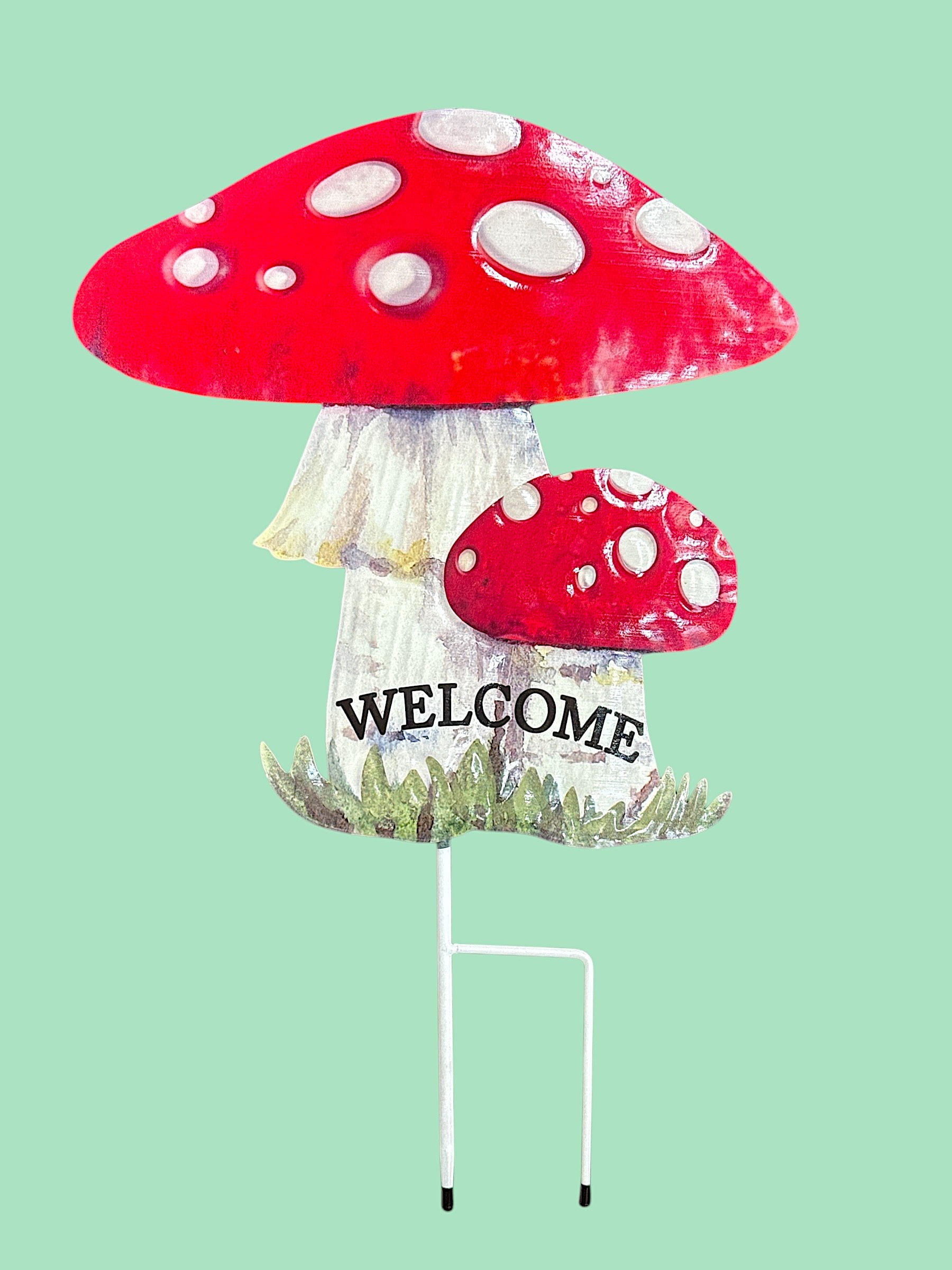 Garden Stake Large Mushroom Welcome Decor Lawn Yard Decorative Bright Outdoor Statue Pick 24" x11"