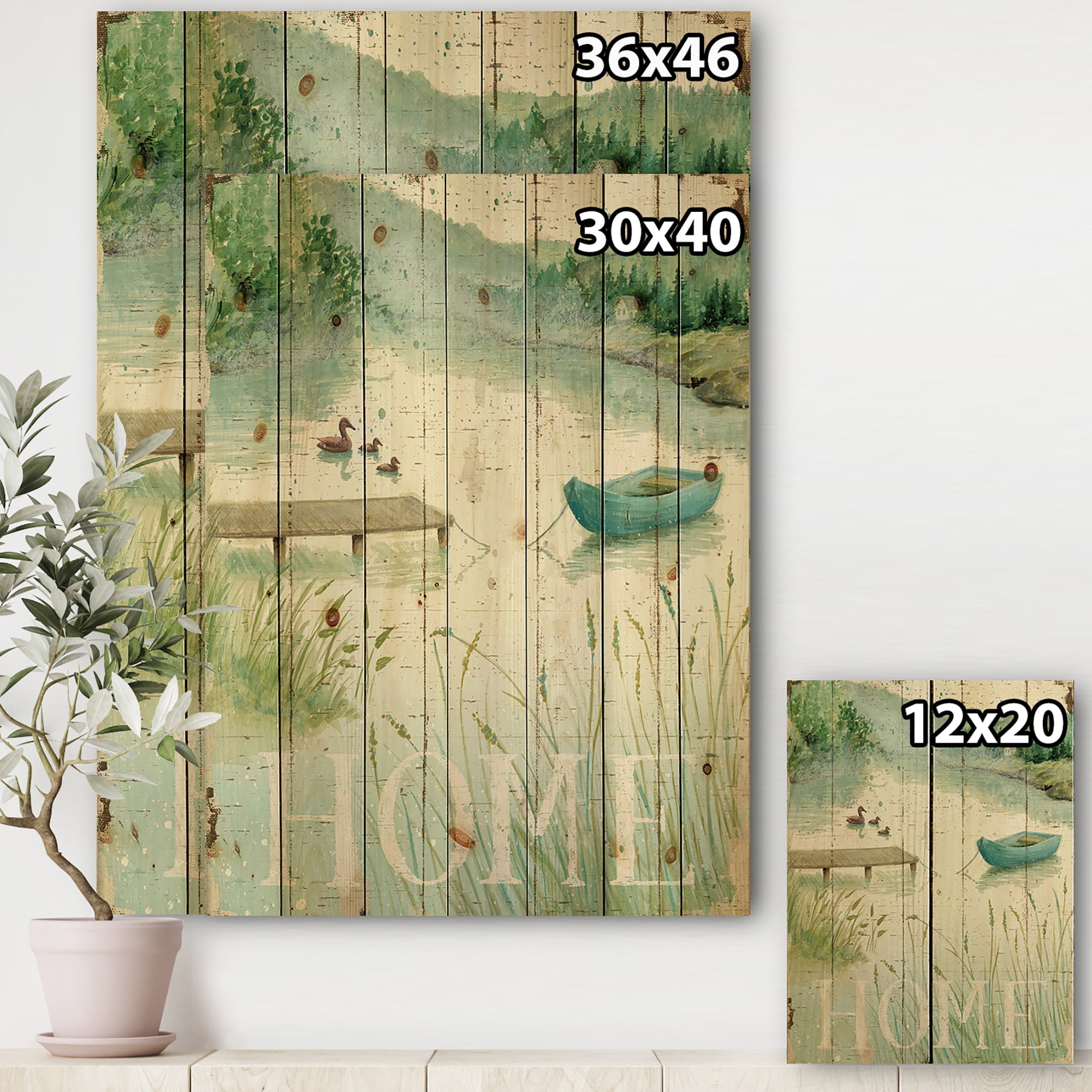 Designart 'Lakeside Boats Welcome Home' Lake House Print on Natural Pine Wood