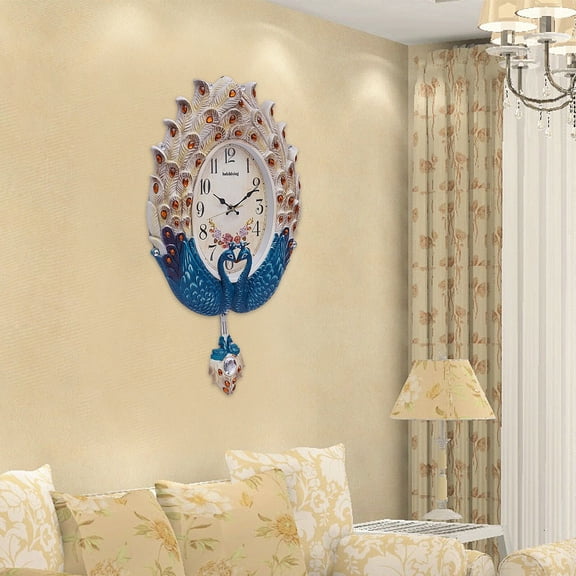 Teal Peacock Pendulum Wall Clock with Luxury Crystal, Silent, Decorative Clock for Living Room, Bed