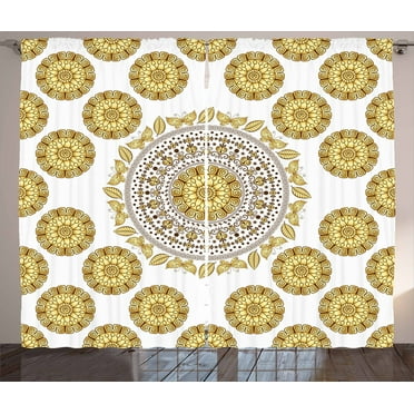 Ambesonne Mandala Curtains 2 Panel Set, Natural Leaves, 108" x 90", Yellow Cream Brown