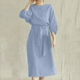 thumbnail image 2 of CHUANK Robe en Lin de Coton pour les Femmes Col Rond Lanterne Manches Robes d'Été Couleur Unie Casual Fluide Longue Robe avec Ceinture, 2 of 8