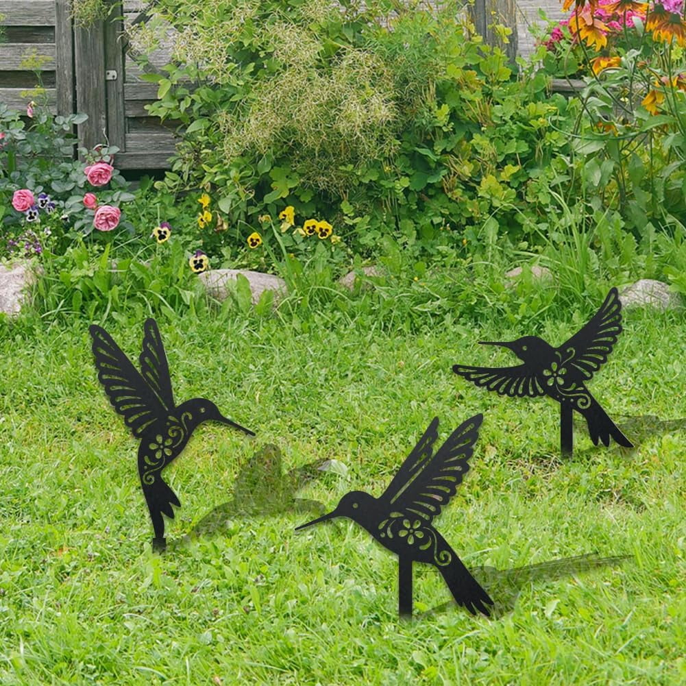3 Styles Hummingbirds Metal Decorative Garden Stakes Funny Hummingbirds Flowers Metal Silhouette Statues Animal Garden Ornament Gifts Black Yard Art Decoration for Outdoor Backyard Patio Lawn