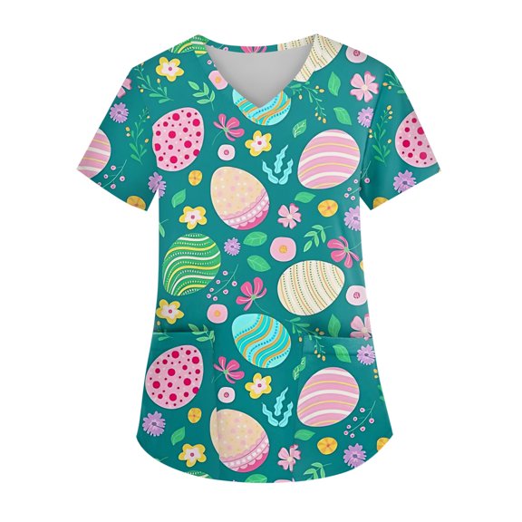 OIOLOYJM Womens Easter Scrub Tops Happy Medical Bunny Eggs Graphic Tops Short Sleeve V Neck Nursing Shirts Loose Fit Plus Size Working Uniform with 2 Pockets Pink 4XL