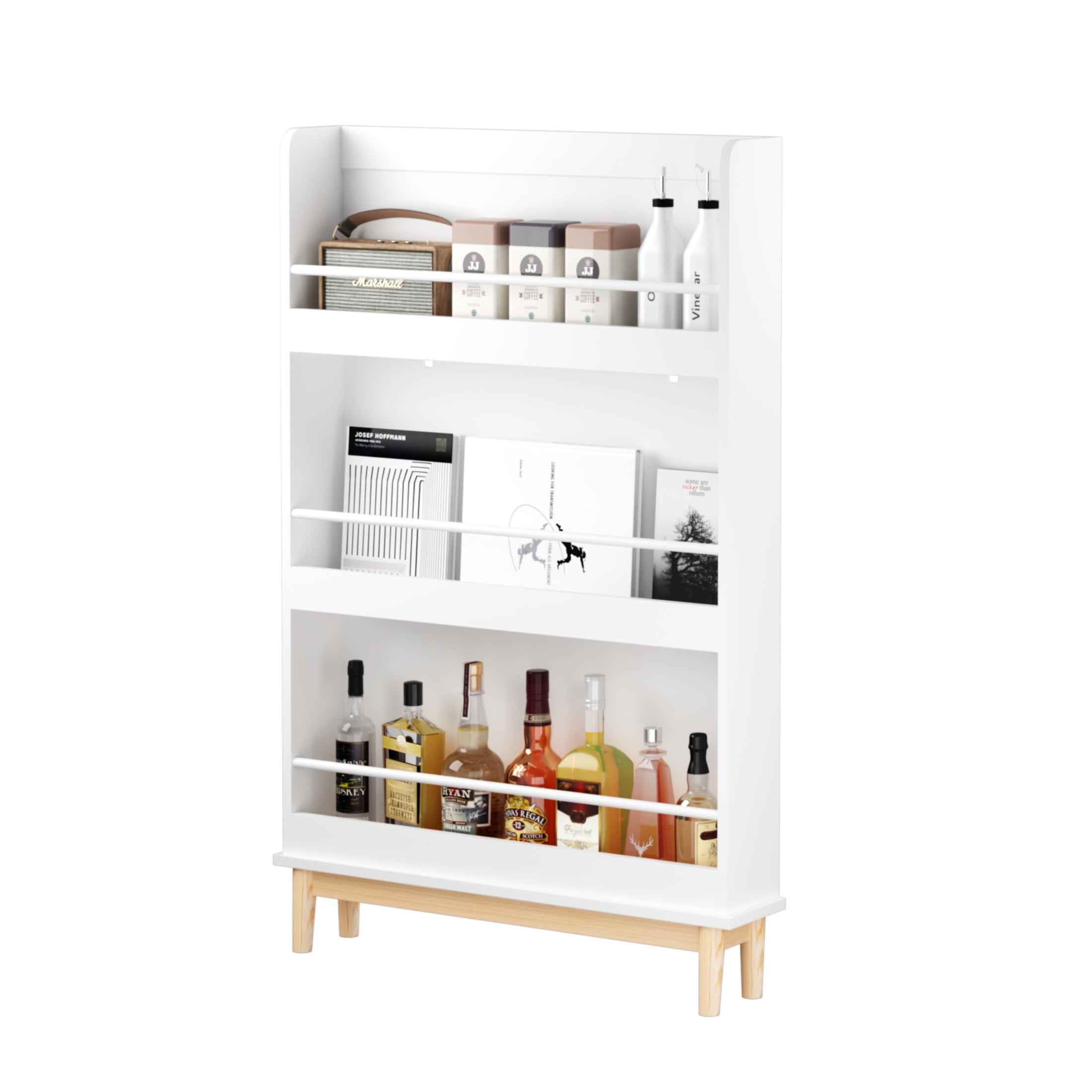Noble House Wall-Mounted Kids Bookshelf with 3 Front-Facing Display Shelves, Book Rack with Natural Wood Base, White