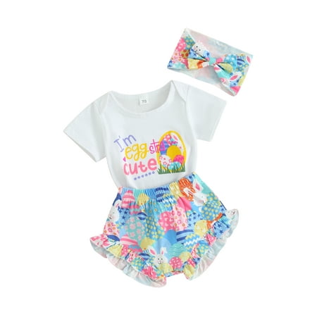 

Co.MMehjri Baby Girls 3Pcs Easter Outfit Short Sleeve Romper + Ruffle Shorts + Headband Set Newborn Clothes