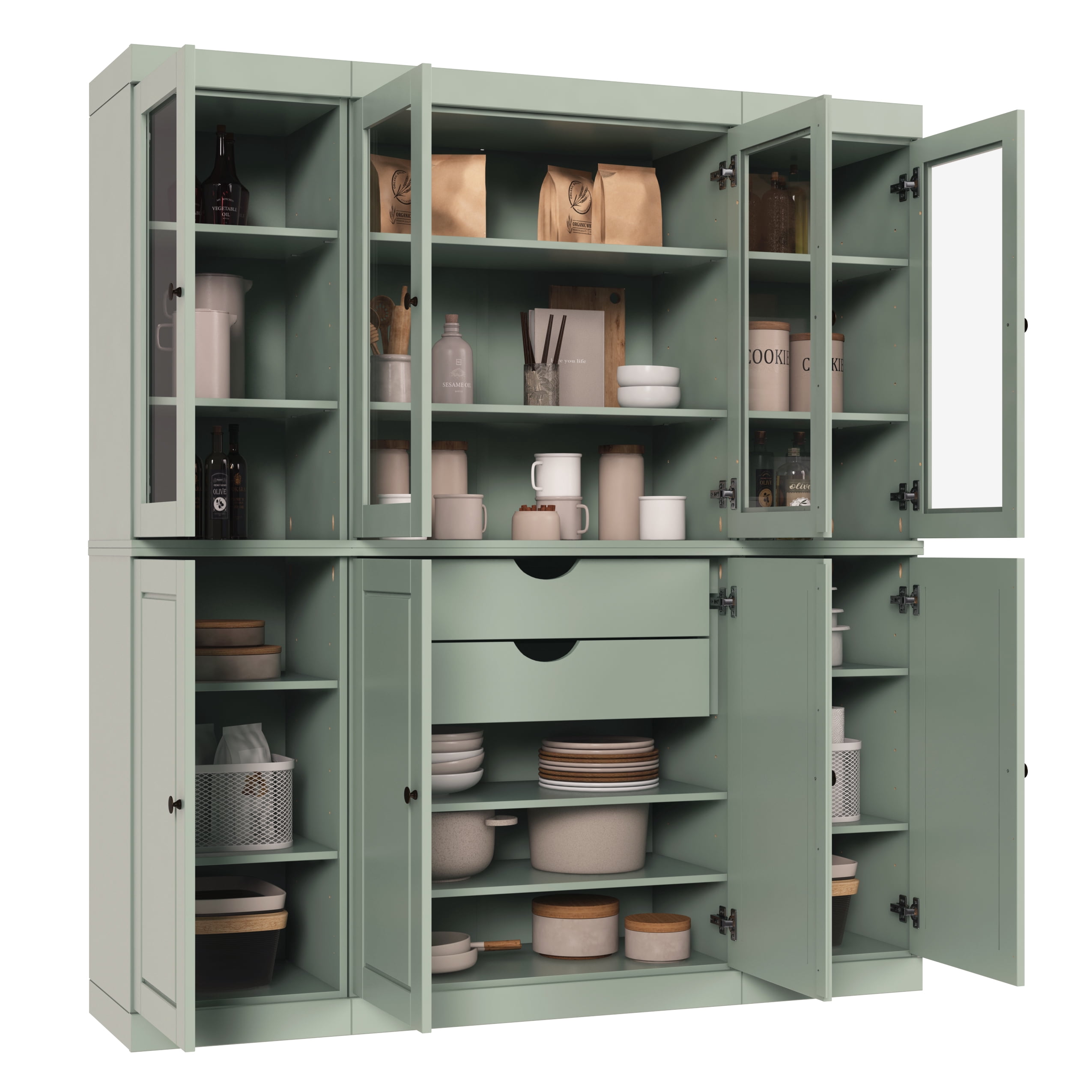 Palace Imports 100% Solid Wood Kitchen Pantry Storage Cabinet with Glass Doors, Adjustable Shelves and 2-Drawers, Sage