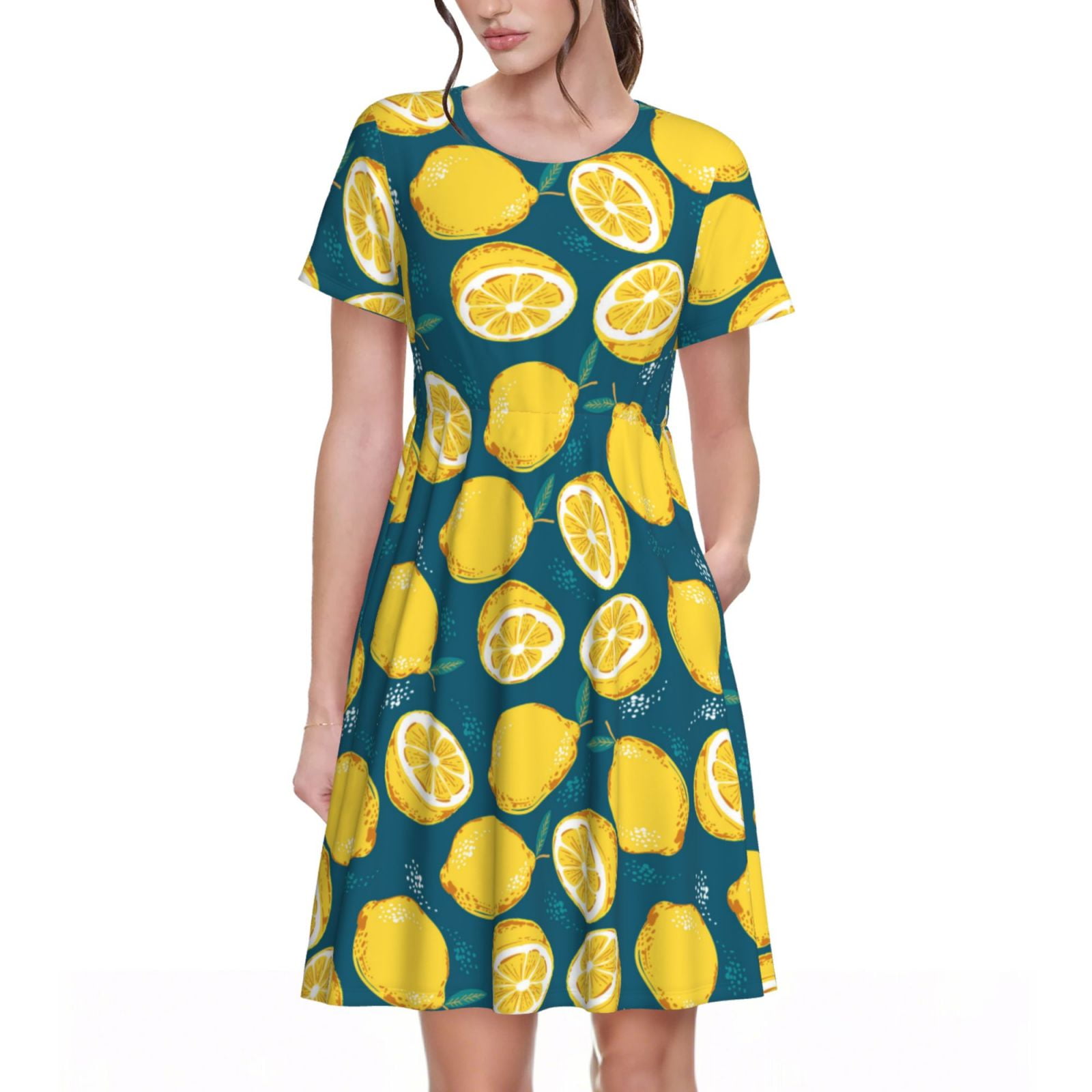 Fotbe Lemon Pattern Dress Casual Womens Fashion Short Sleeve Maxi