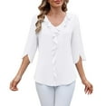thumbnail image 2 of Ajshakl White V-Neck Casual Oversized Tshirts for Women, 2025 Chiffon Shirt Mid Sleeved Pleated Ruffled Loose Top Mid Sleeved Top, 2 of 7