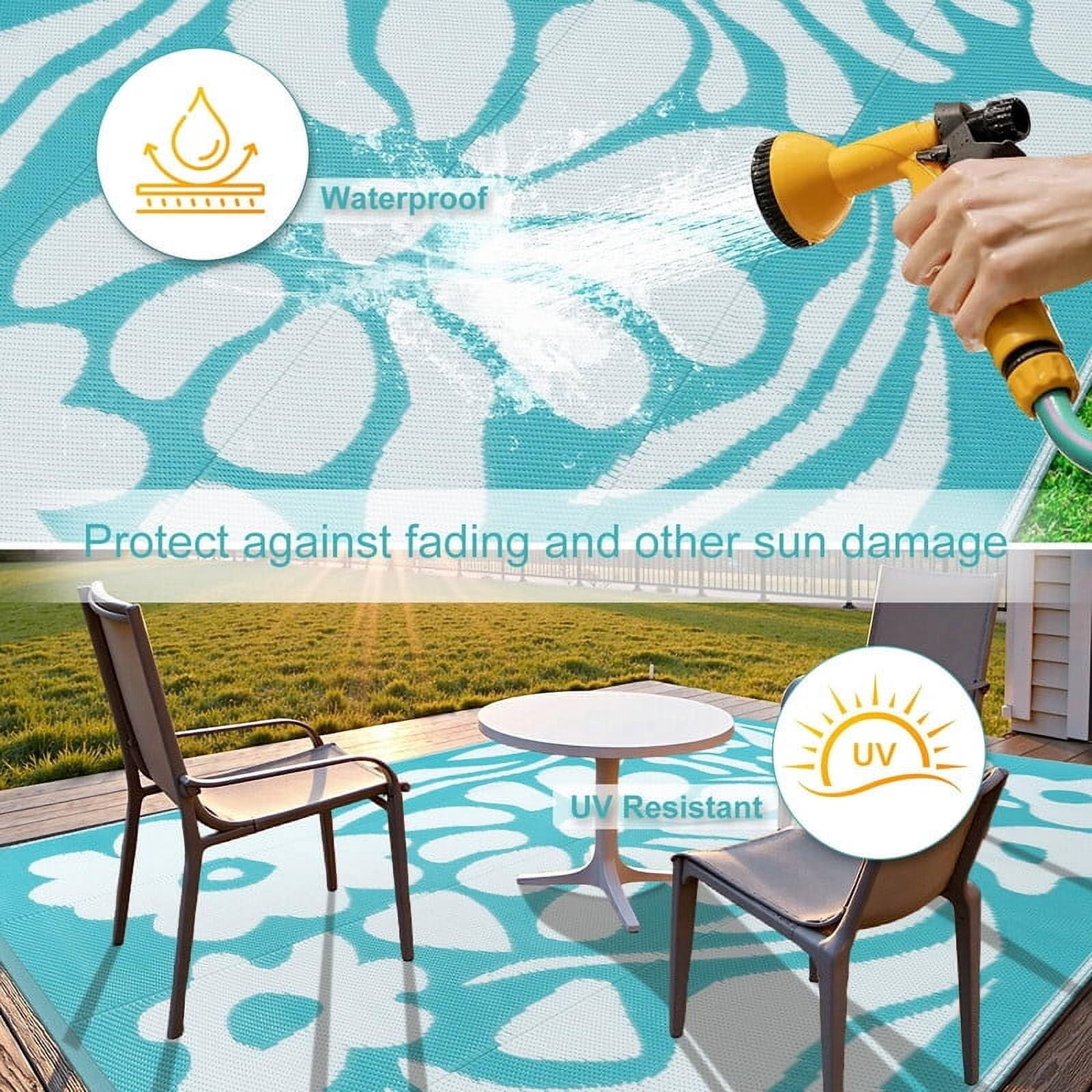Wonnitar 6x9 Outdoor Rug Waterproof, Plastic Straw RV Rugs for Outside, Large Portable RV Outdoor Carpet，Blue Floral Rug for Picnic Garden Patio
