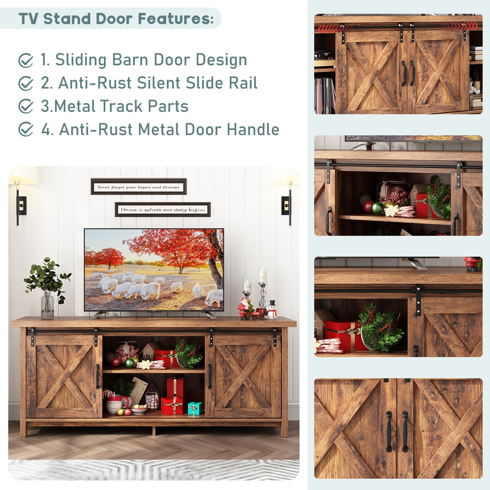 ChVans 58" Farmhouse Sliding Barn Door TV Stand for TVs Up to 65" TVs, Entertainment Center Console Table with Adjustable Shelves