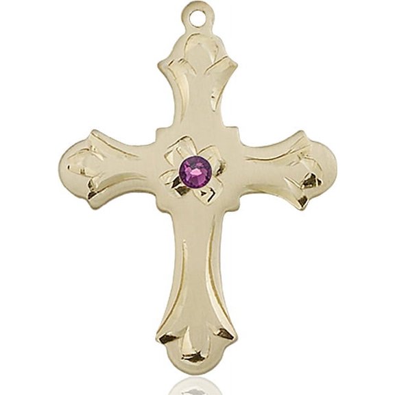 14kt Yellow Gold Cross Medal with 3mm February Purple Swarovski Crystal 1 1/4 x 7/8 inches