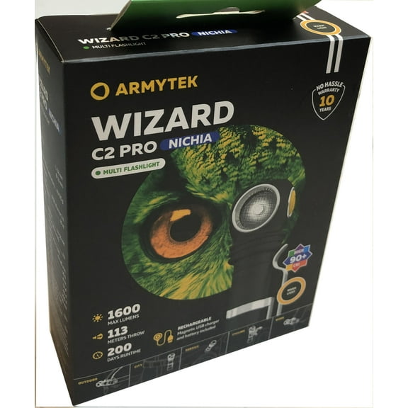 Armytek Wizard C2 Pro Nichia LED Multi Flashlight -1600 Lumens - Magnetic USB Charger  and  Battery Included