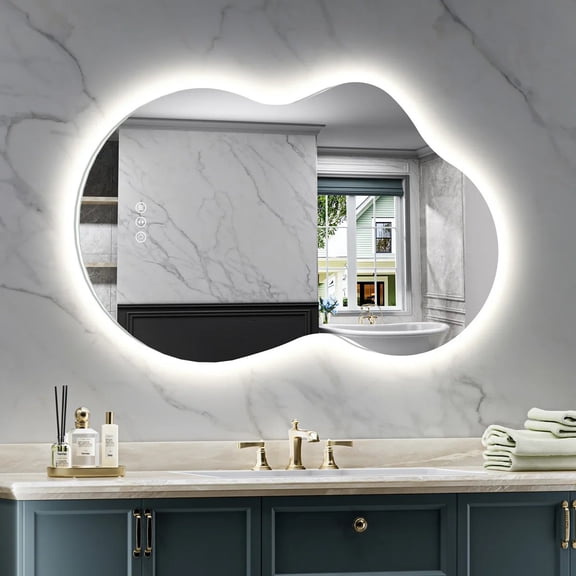 Irregular 32"x 24" Led Bathroom Mirror with Lights, Backlit Cloud-Shape Vanity Mirror for Wall, Dimmable 3 Colors Asymmetrical Mirror, Memory Function