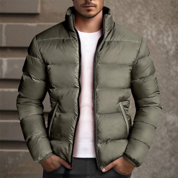 Mens Hooded Puffer Jacket Winter Coats Zip Up Color Blocked Warm Outerwear with Pockets
