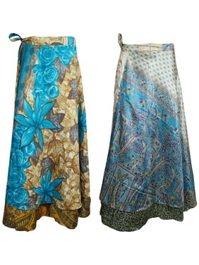 Mogul Women's Silk Sari Beach Skirt Reversible Blue Floral Print Wrap Skirts