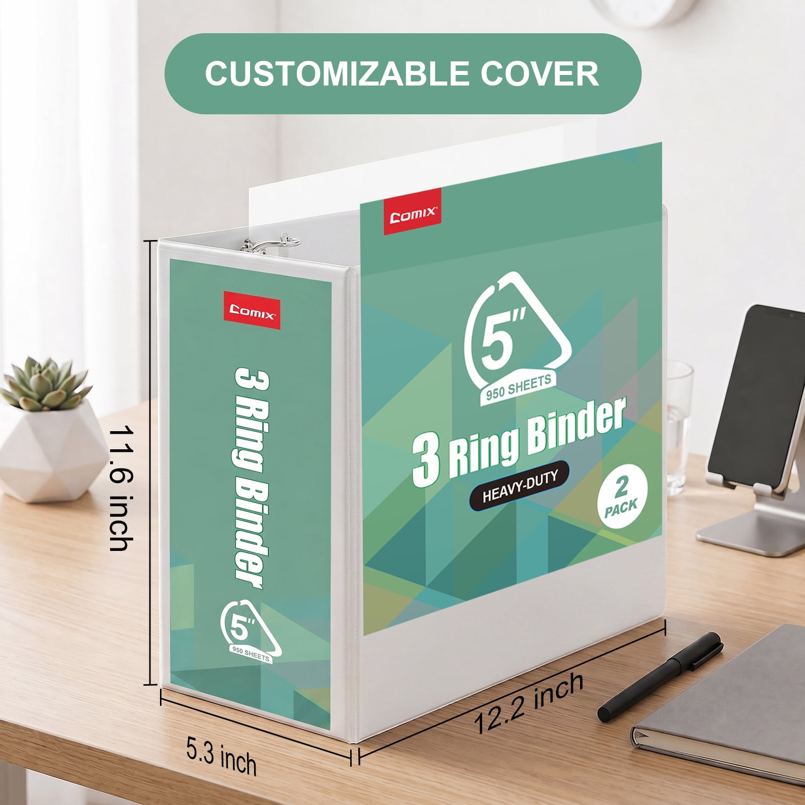 Comix Heavy-duty 5 Inch 3 Ring Binder with Clear Cover,  D Ring, 950 Sheets Capacity, Office School Supplies, 6-Pack White
