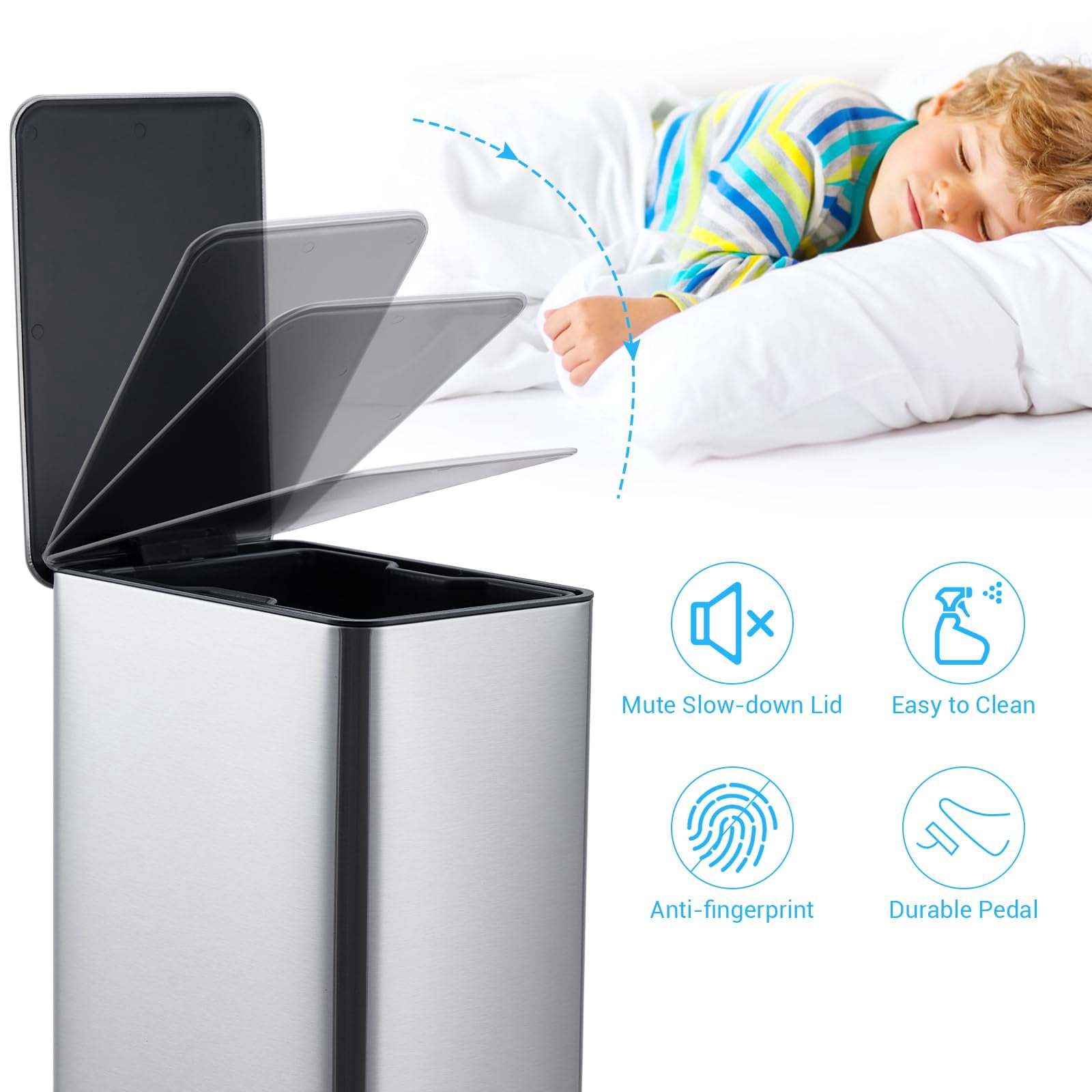 Danolapsi Bathroom Trash Can,2.6-Gallon (10 L) Small Bathroom Step Trash Can with Lid Soft Close,Step Pedal,with Removable Inner Bucket,Brushed Stainless Steel