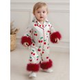 thumbnail image 5 of RUINIXCW Baby Girl Silk Satin Pajamas Romper Infant Baby Girls Spring Fall Clothes Sleepwear Cherry Print Fur Trim Button Down Long Sleeve Jumpsuit, 5 of 10