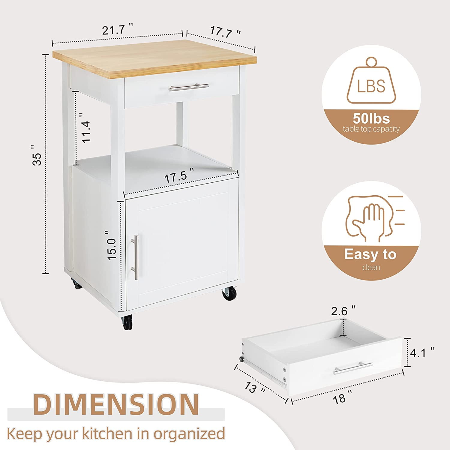 Sobaniilo Kitchen Island Cart with Storage,Rolling Kitchen Island Side Table on Wheels with Worktop,Single Door Storage Cabinet and Drawer for Kitchen,Dinning Room, White