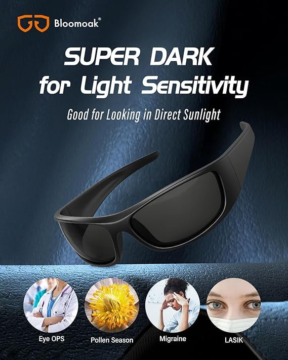 Bloomoak Polarized Sunglasses for Sensitive Eyes, Wrap Around, Super Black CAT 4