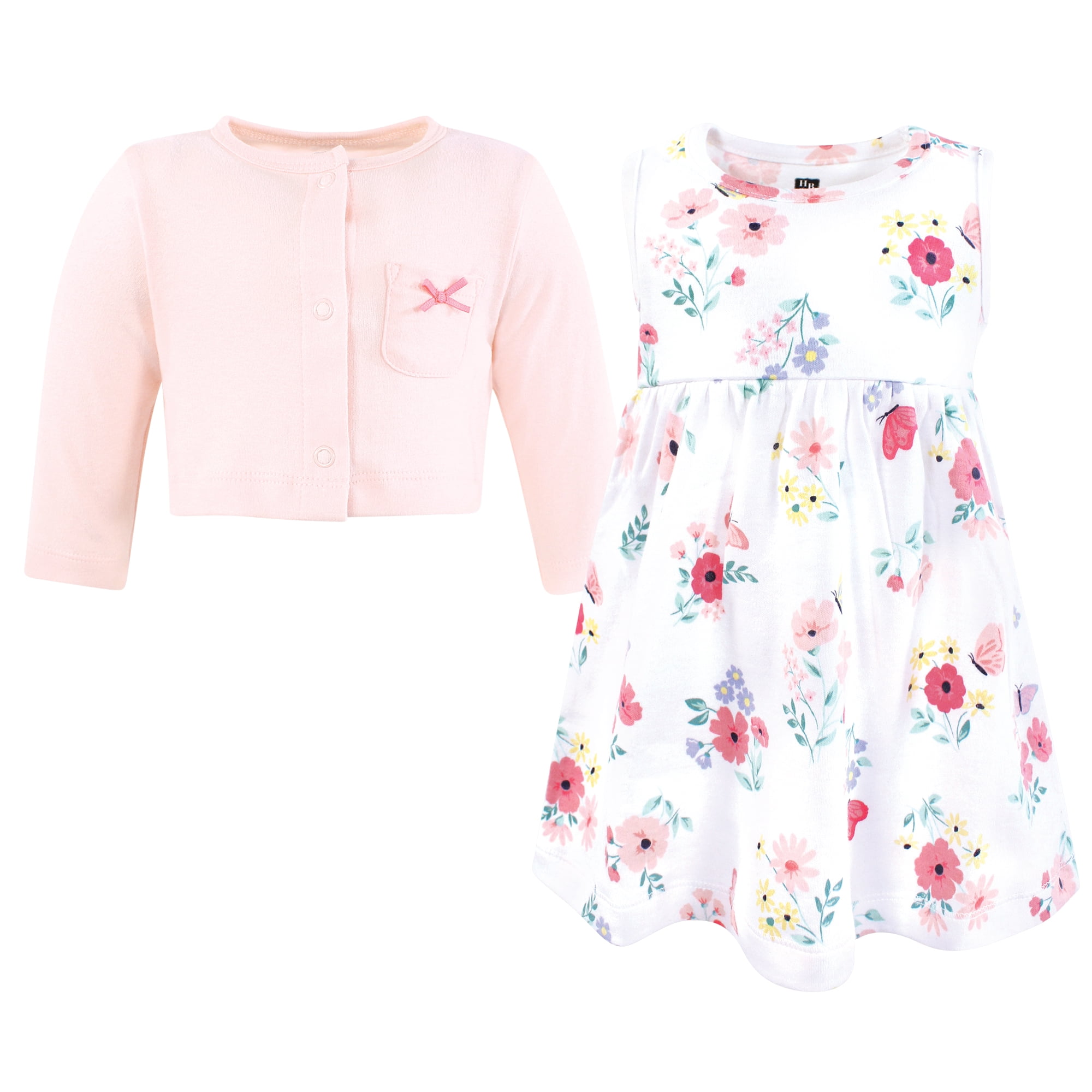 Hudson Baby Infant and Toddler Girls Cotton Dress and Cardigan Set, Butterfly Floral, 5T