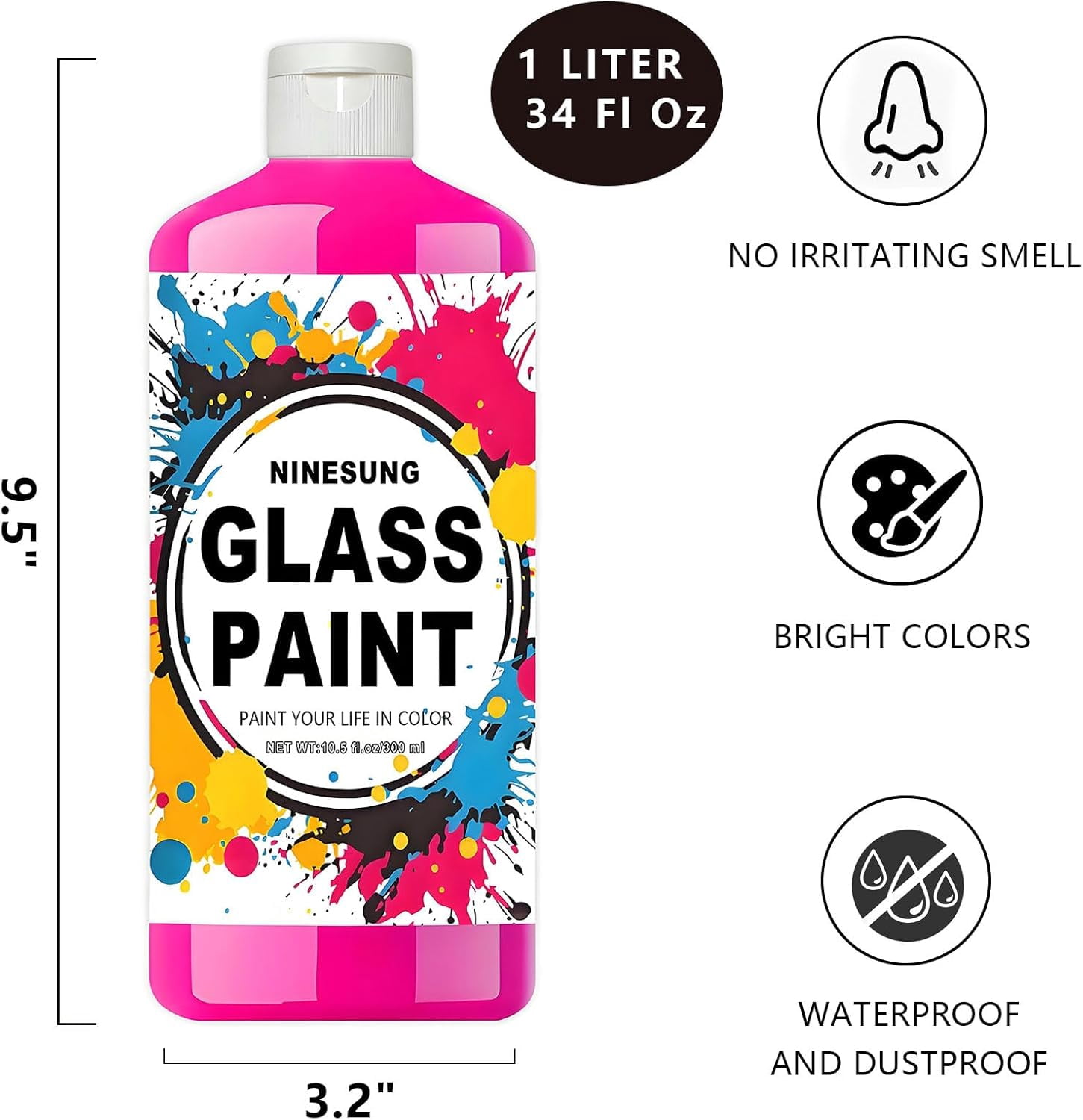 Hot Pink Glass Paint, 34 oz (1 Liter) Jumbo Bulk - Acrylic Paint for Stained Glass, Windows, Wine Glasses, Ceramics & Bottles - For Artists & Beginners (Hot Pink, 34 Fl Oz)
