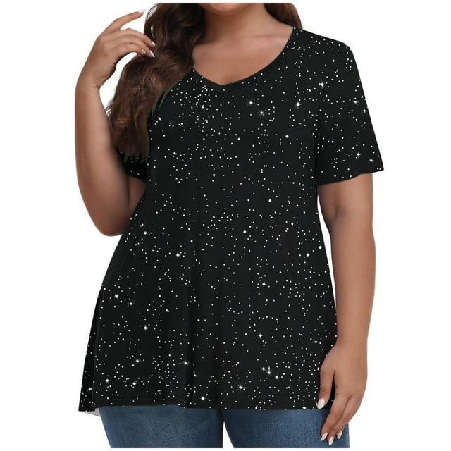T-Shirt à Manches Courtes pour Femmes Grande Taille, Col Rond, Été, T-Shirts Graphiques Tendance, Coupe Ample, Chandail Confortable, Noir, 5TG