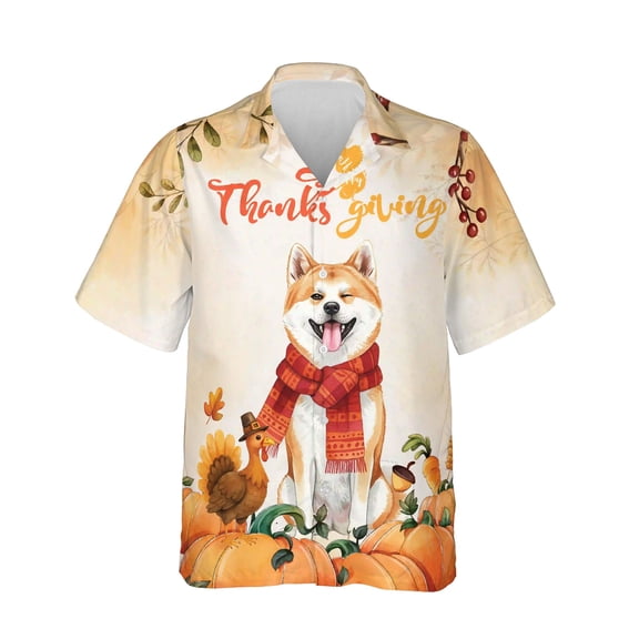Happy Thanksgiving Akita with Turkey Pumpkins Autumn Vibes Hawaiian Shirt Breathable Summer Unisex Merch Inu Dog Lover - 12018