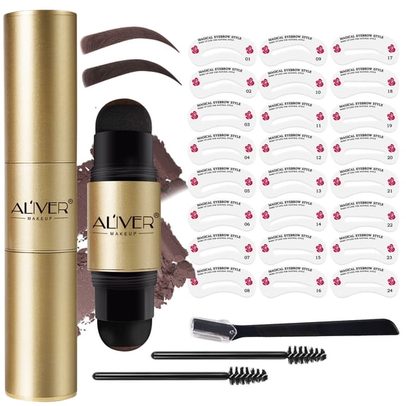 Eyebrow Stamp Stencil Kit, 2 Colors in 1 Dark Brown & Medium Brown, 24 Reusable Brow Stencils, Waterproof Eyebrow Makeup, Quick & Easy Brow Shaping for Women