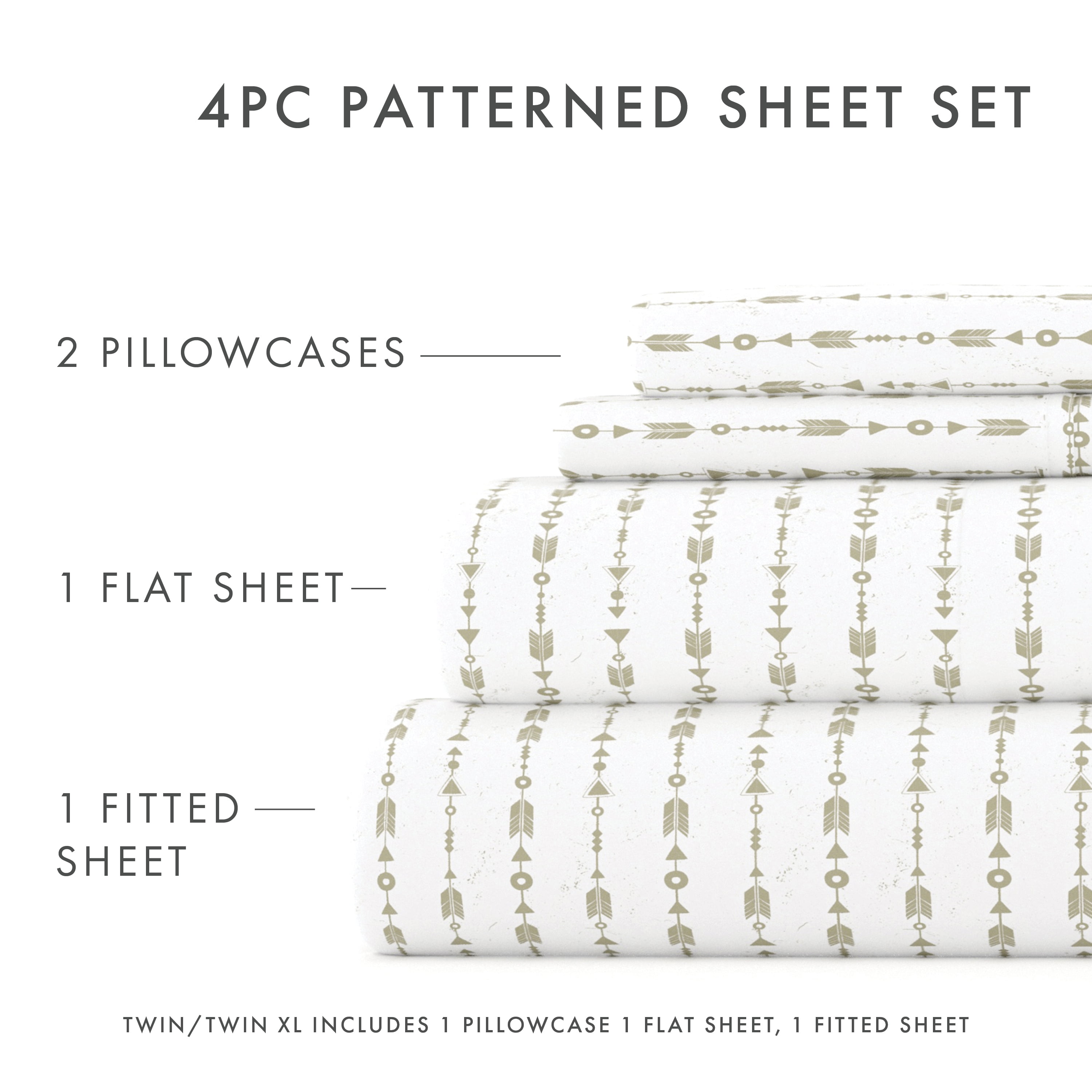 Noble Linens 4 Piece Pattern Microfiber Bed Sheets Set, Sage Beaded Arrows, King