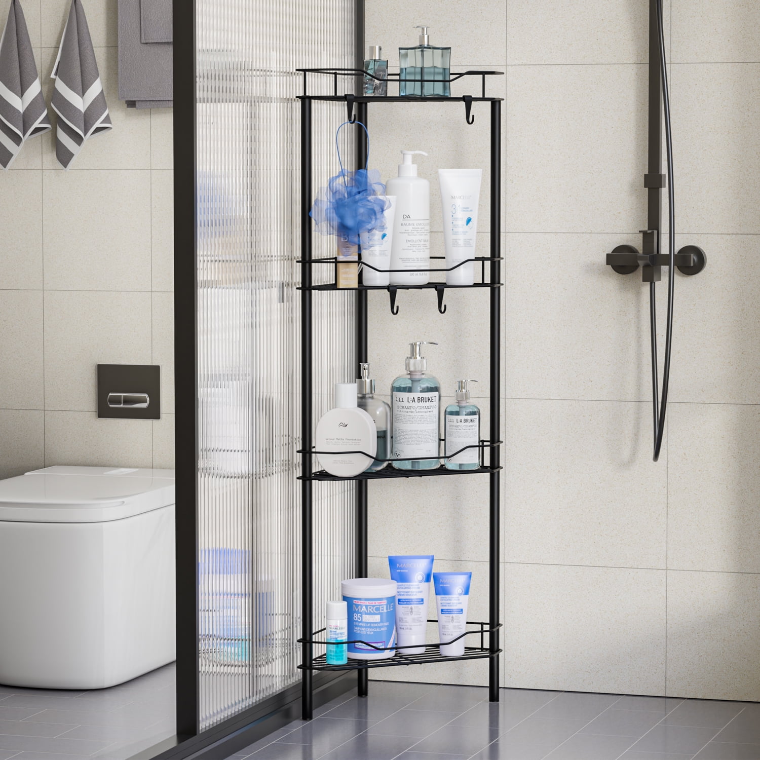 TINANA Corner Shower Caddy: 4 Tier Corner Shelf Organizer, Floor Standing Shower Caddy for Bathroom, Rest Room, Black