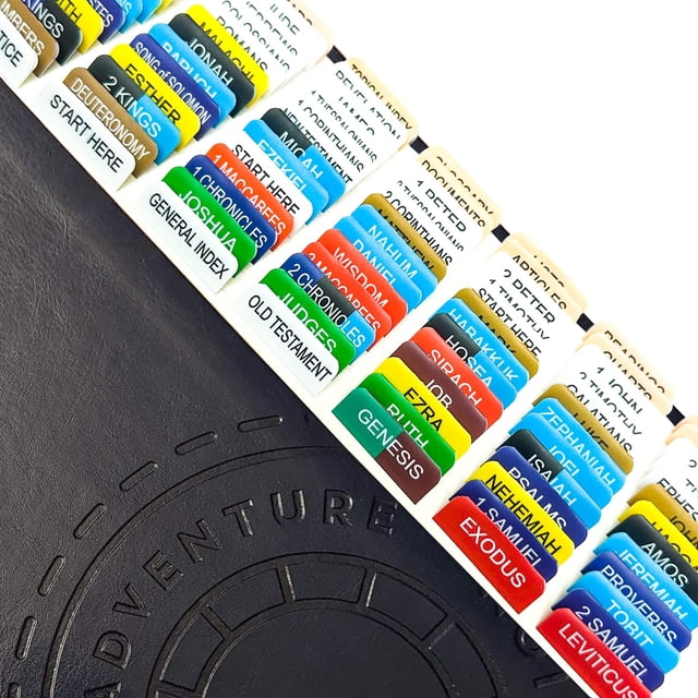 Pestañas de índice de La gran Biblia de aventuras, codificadas con 96 colores