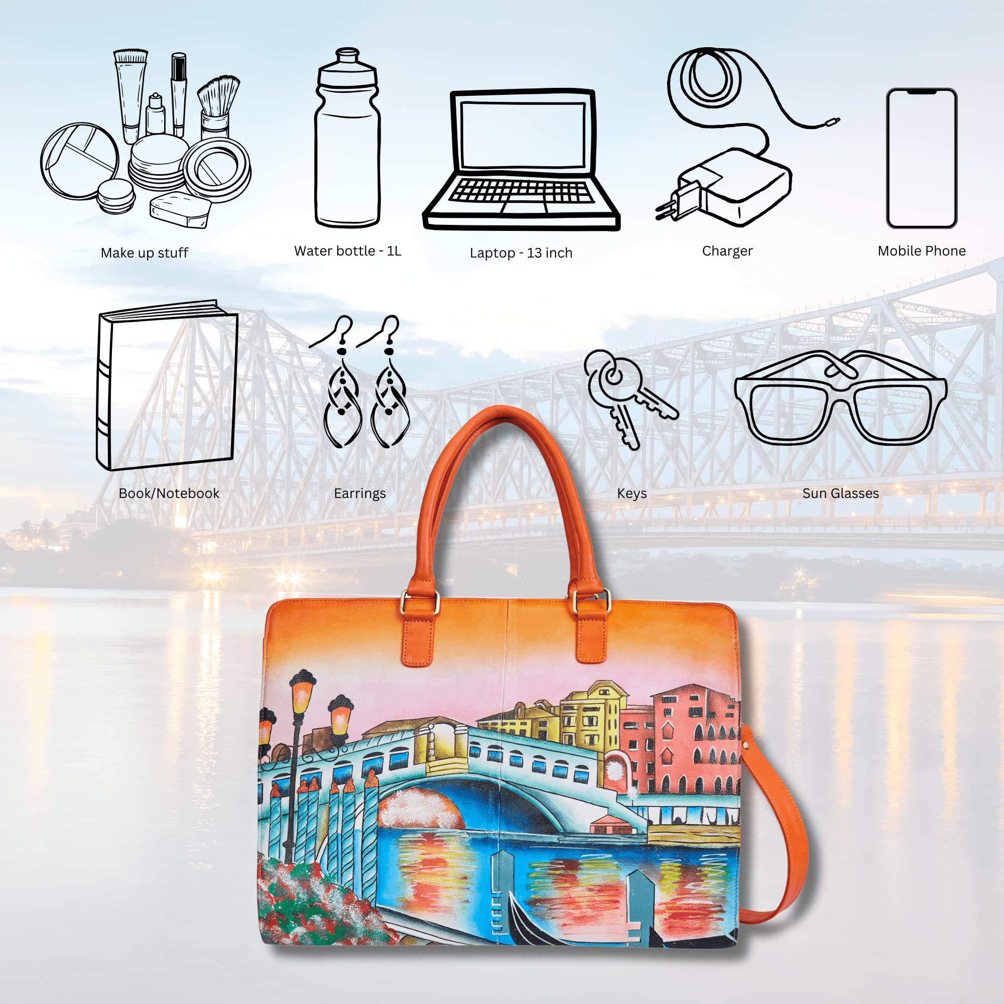 Sishka Womens Venice Cityscape Hand-Painted Leather Ladies Bags – Elegant Orange Business Briefcase, Stylish Laptop Shoulder Bag