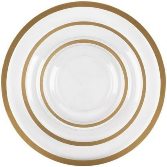 7" inch Salad Plates, 10" inch Dinner Plates, 13" inch Charger Combo Set Round Clear Plastic Plates with Gold Rim - Disposable, Heavy Duty, Elegant, Durable, Versatile Plates, Everyday Use (24)