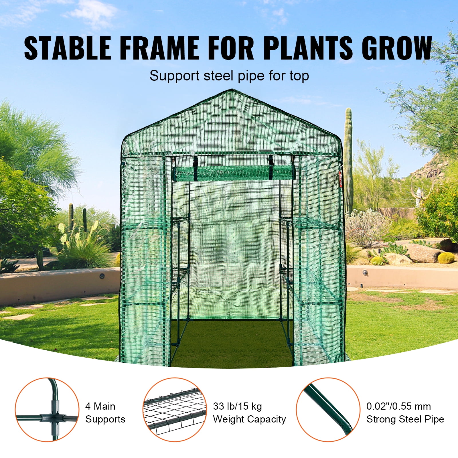 VEVOR Walk-in Green House, 4.6 x 4.6 x 6.6 ft , Greenhouse with Shelves, High Strength PE Cover with Zipper Door and Steel Frame, Assembly in Minutes