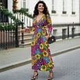 thumbnail image 4 of FKELYI Womens Fall Dress with Pockets Colorful Hippie Flower Print V Neck Long Sleeve Maxi Dress for Wedding Guest A-Line Flowy Party Dressess, M, 4 of 6