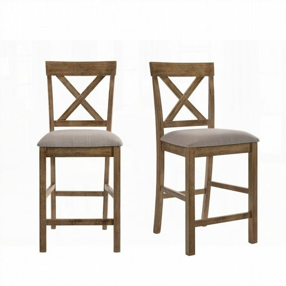 2-Piece Solid Wood Dining Chairs - Contemporary Tan Linen with "X" Back & Weathered Oak Finish