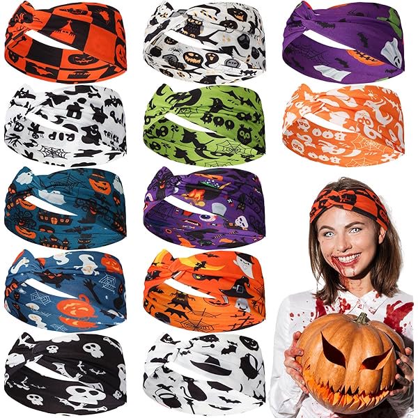 wonima44 JaGely 12 Pcs Halloween Headbands Bulk for Women, Wide Knotted Headband Turban, Skeleton Headbands, Elastic Non Slip Hair Accessories Ghost Pumpkin Halloween Hairband for Women