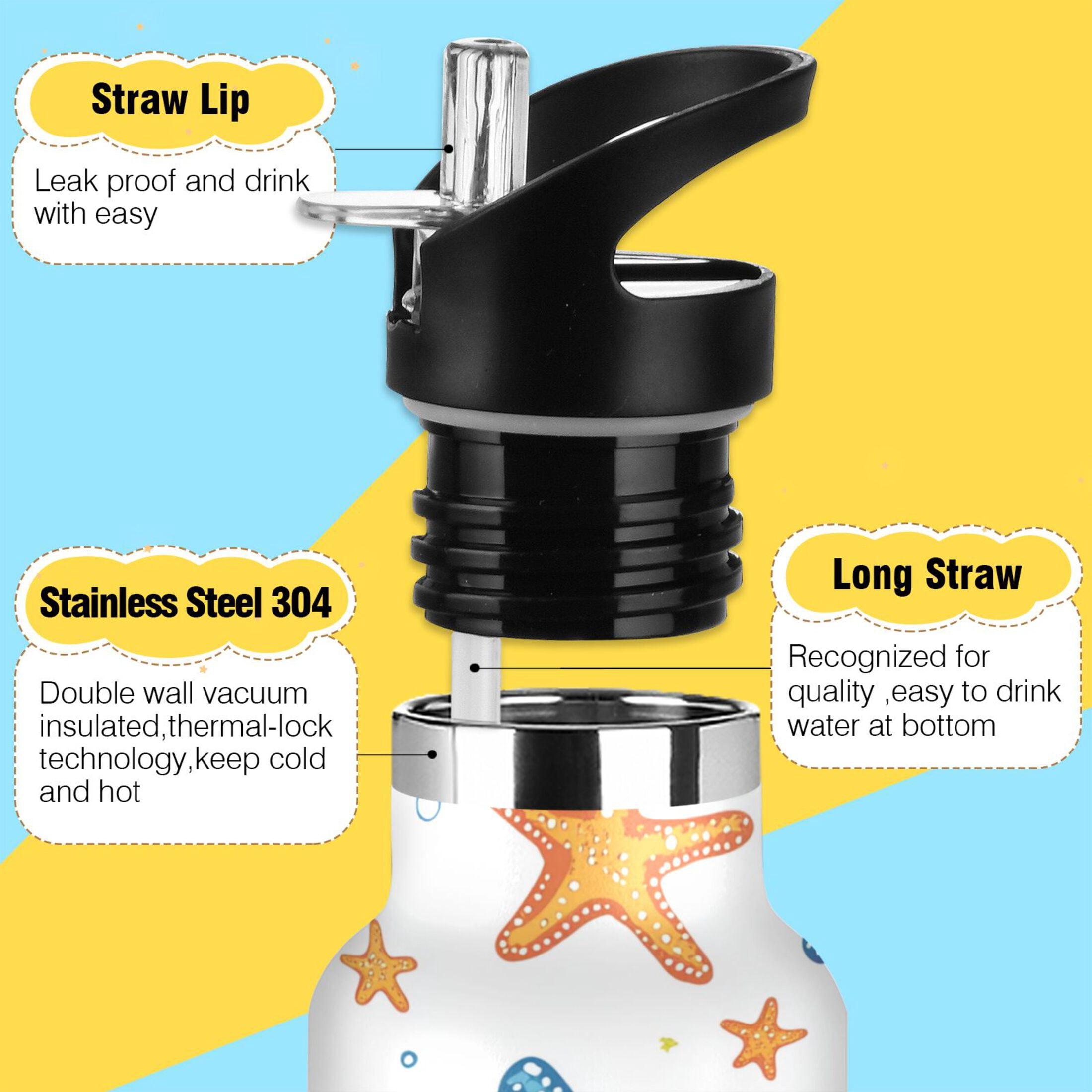 Kids Insulated Stainless Steel Sports Water Bottle 600ml (20oz) Colorful Starfish Pattern