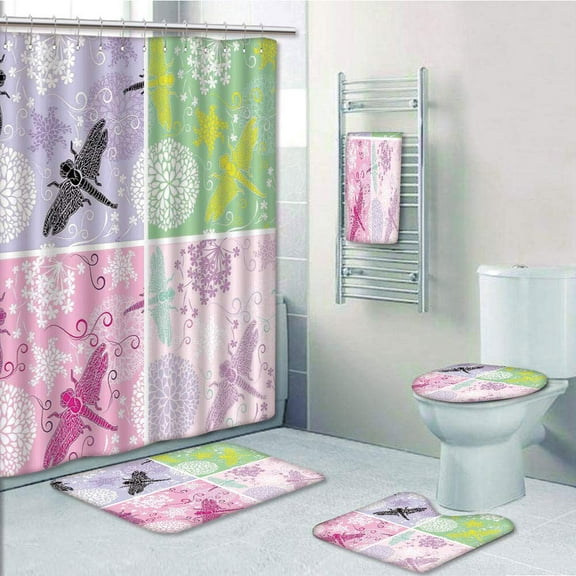 PRTAU Dragonfly Set of Four Floral Frame with Dragonfly Dandelion Blooms Ornate 5 Piece Bathroom Set Shower Curtain Bath Towel Bath Rug Contour Mat and Toilet Lid Cover
