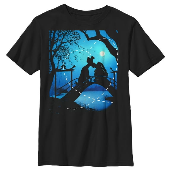 Boy's Lady and the Tramp Kissing in the Moonlight Silhouette  Graphic Tee Black Large