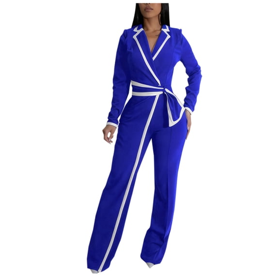 WSBDENLK Jumpsuit for Women Winter Color Matching Belt V-neck Long Sleeves Long Sleeves Trousers Jumpsuit