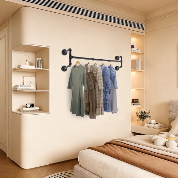 1 PCS 100*24*25cm/39.37*9.45*9.8inch Black Clothes Storage Rack, Hanging Rod for Closet Storage, Wall Mounted Black Clothes Rack